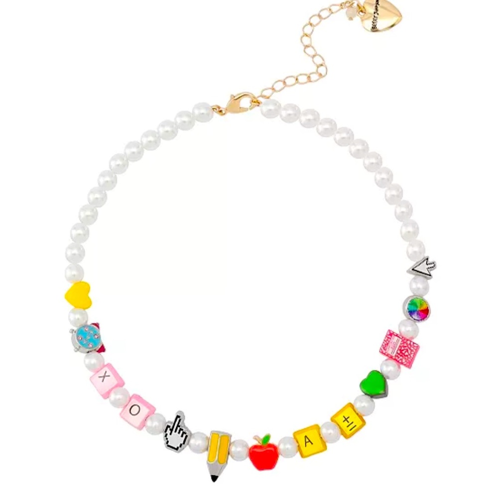 New Betsey Johnson Faux Stone Back to School Motif Cultivated Pearl Necklace